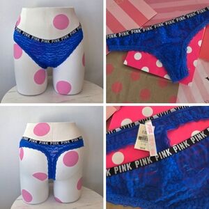Victoria's Secret PINK VTG Royal Blue Lace Extra Low Rise Thong Panty NWT Logo